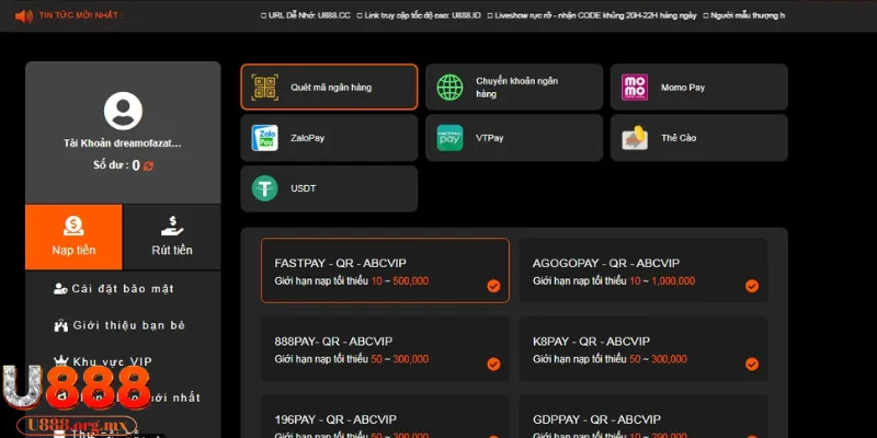 Các phương thức nạp tiền U888