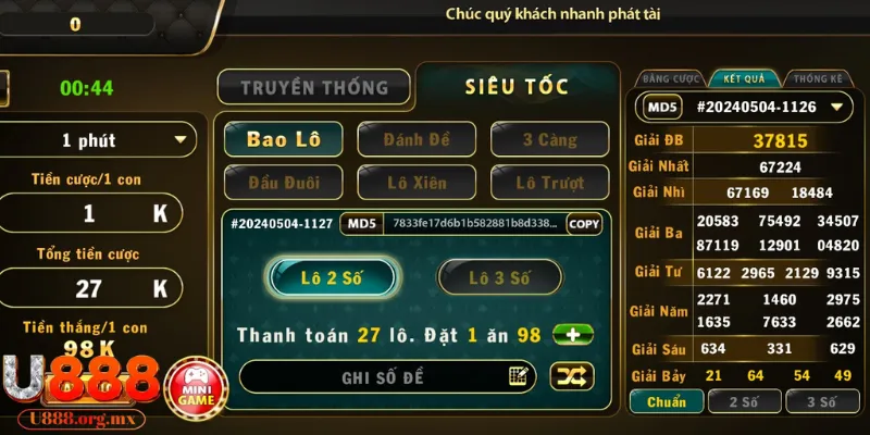 Giao diện chơi lô đề siêu tốc U888